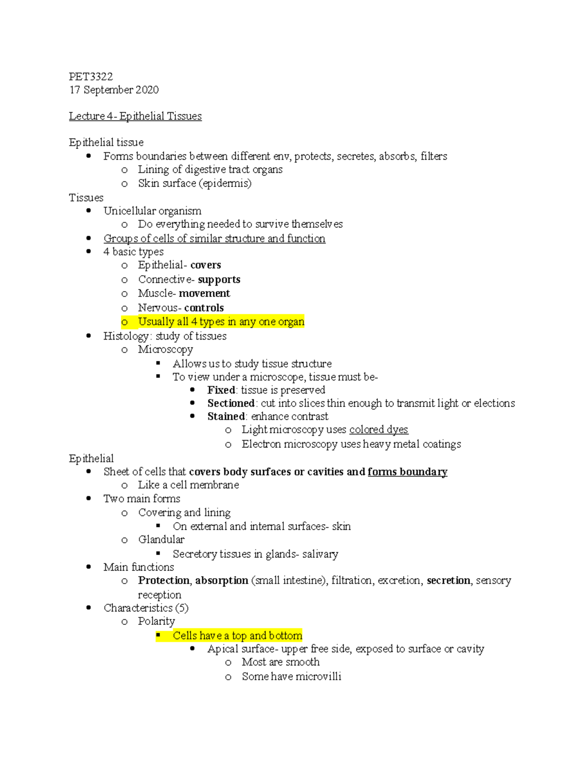 Epithelial Tissues - Lecture notes 4 - PET 17 September 2020 Lecture 4 ...