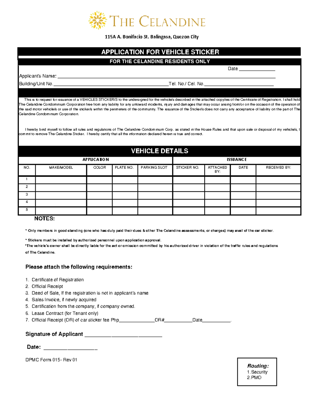 Application for Vehicle Sticker - 115A A. Bonifacio St. Balingasa ...