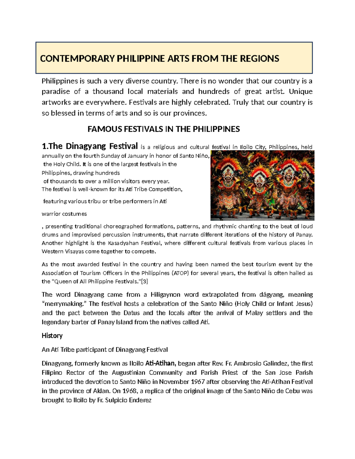 Festivals - notes - INTRODUCTION Philippines is such a very diverse ...