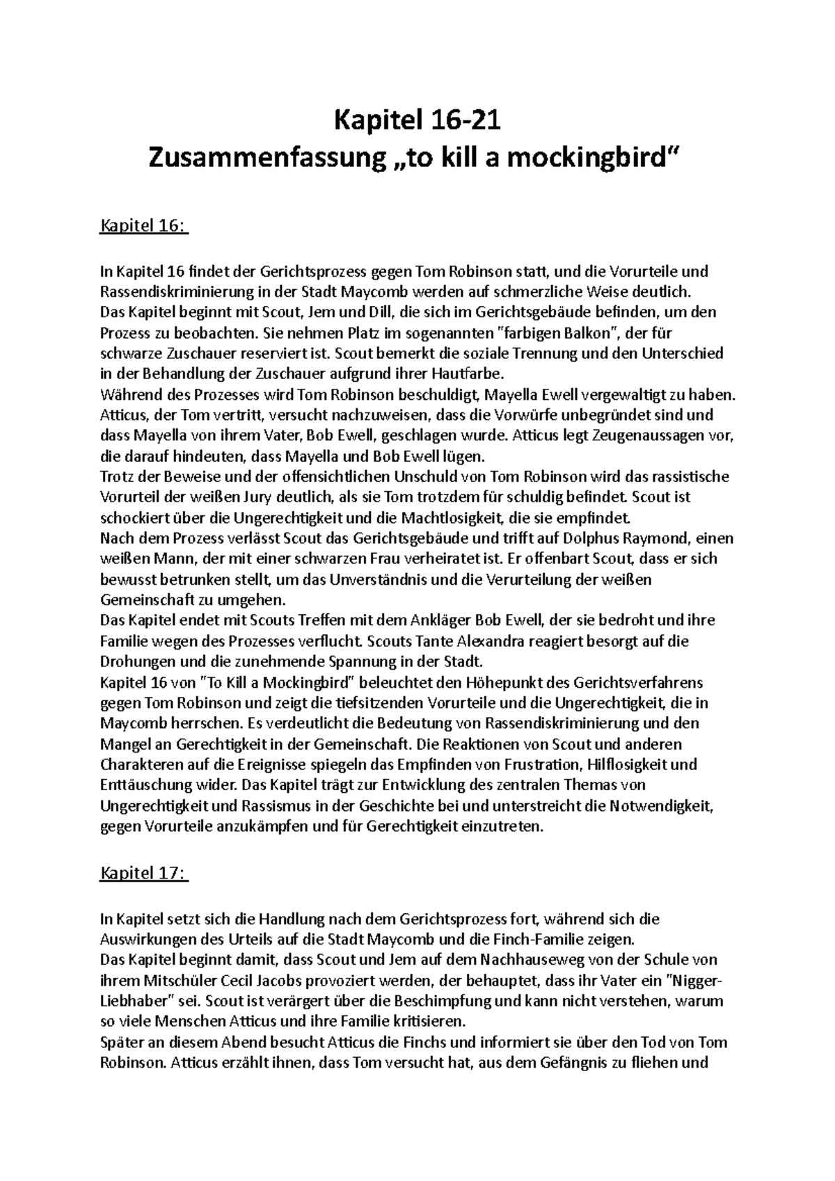 To Kill A Mockingbird Zusammenfassung Zusammenfassung To Kill A Mockingbird - Kapitel 16- Zusammenfassung „to
