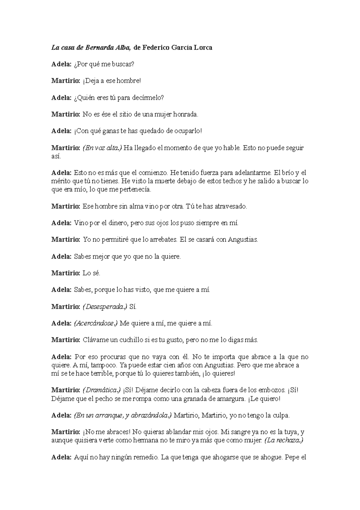 Fragmento De Bernarda Alba La Casa De Bernarda Alba De Federico