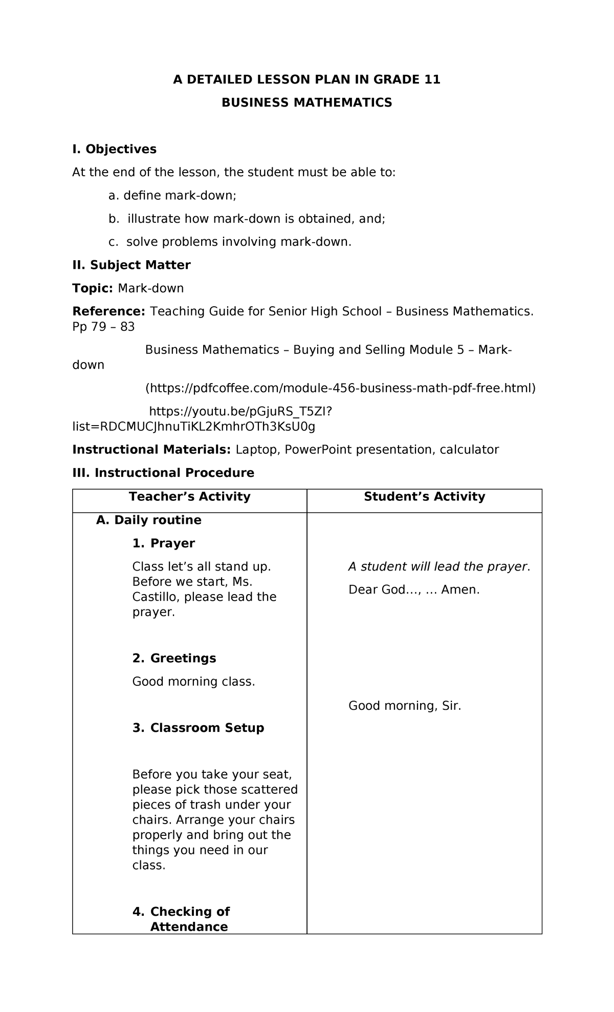 Markdown-dlp - A Detailed Lesson Plan In Business Math - A Detailed 