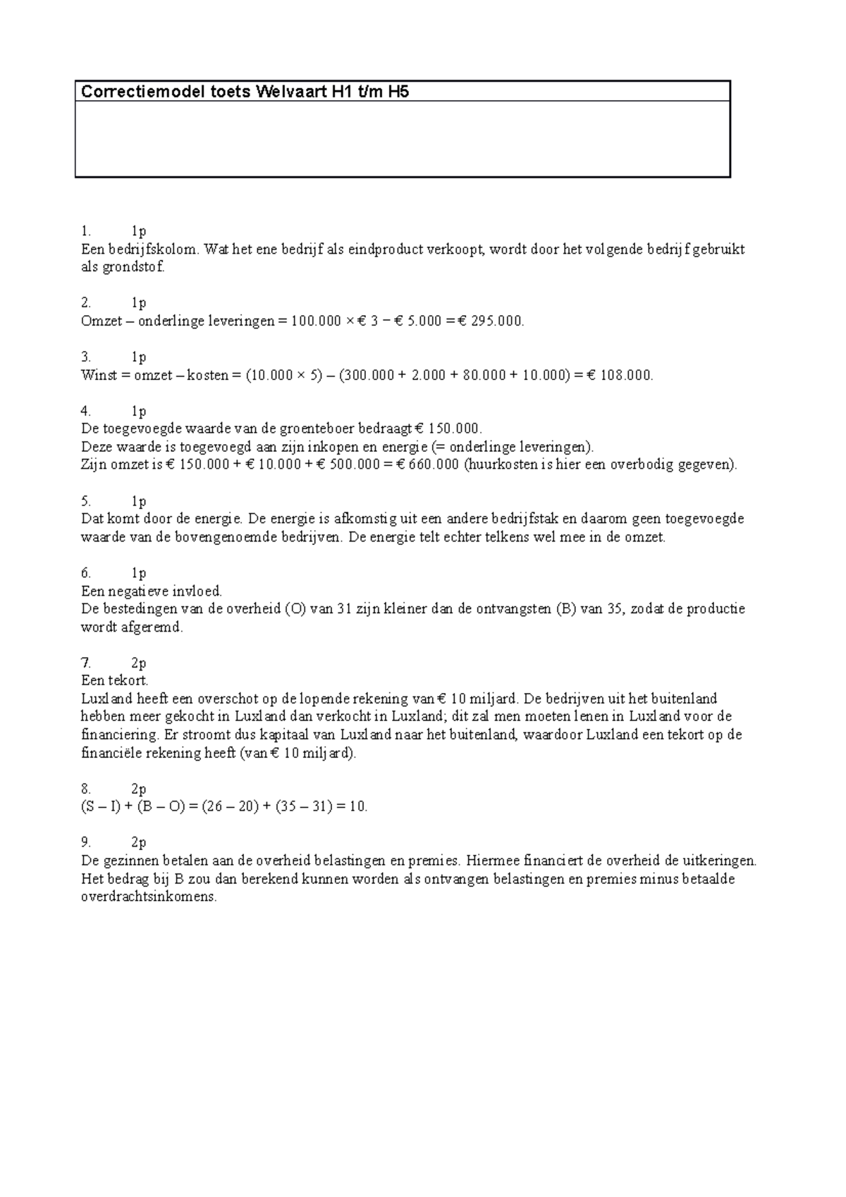 Toets Welvaart correctiemodel - Correctiemodel toets Welvaart H1 t/m H ...