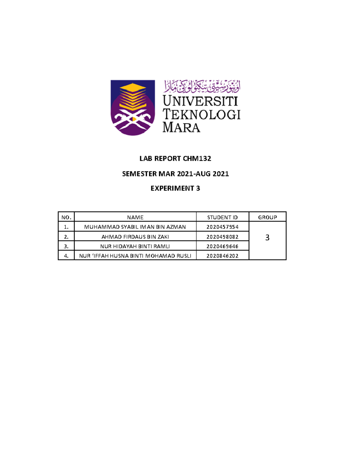 LAB Report Experiment 3 Organic Chemistry UiTM Studocu