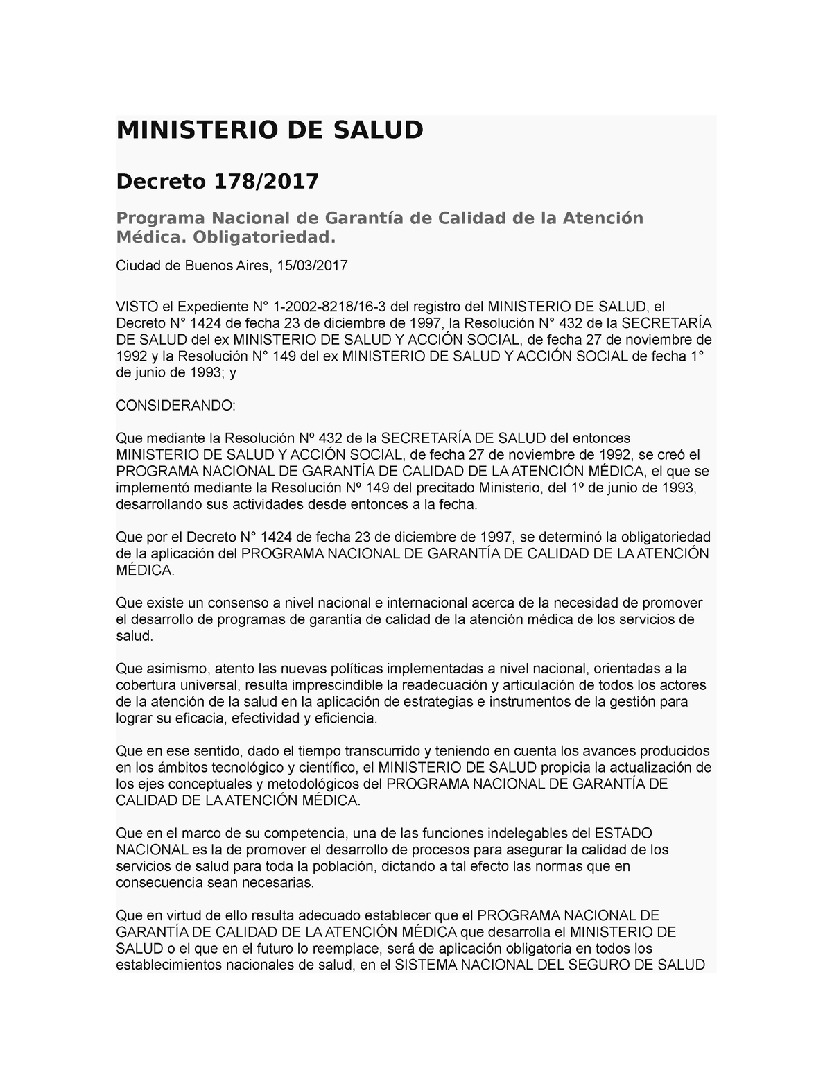 Ministerio DE Salud Decreto. 178 2017 - MINISTERIO DE SALUD Decreto 178 ...