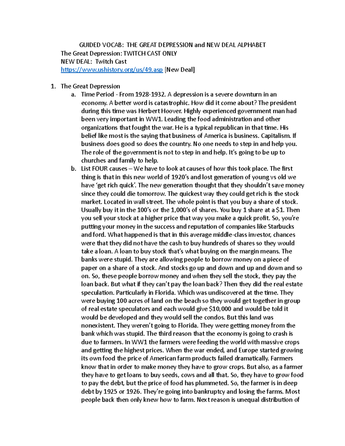 GV Great Depression AND NEW DEAL - GUIDED VOCAB: THE GREAT DEPRESSION - A New Deal Fights The Depression Guided Reading