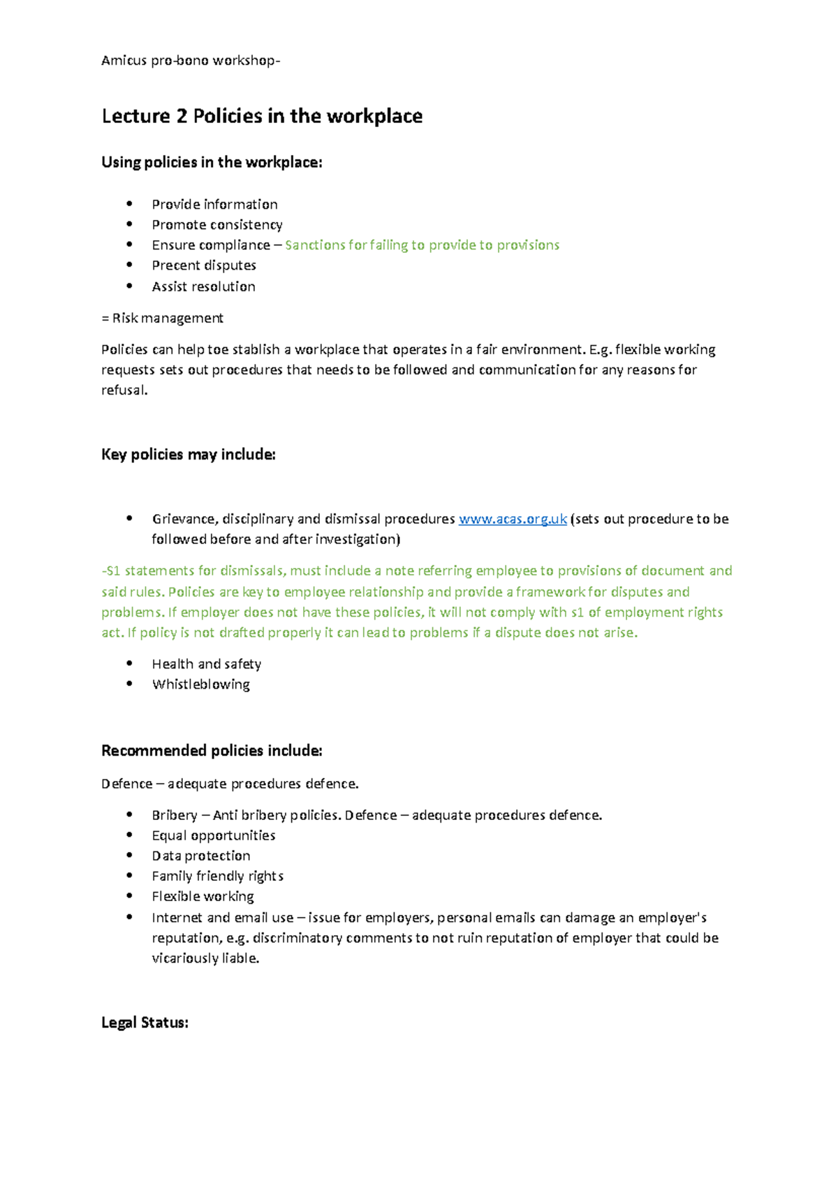 Lecture 2 Policies in the workplace - Amicus pro-bono workshop- Lecture ...