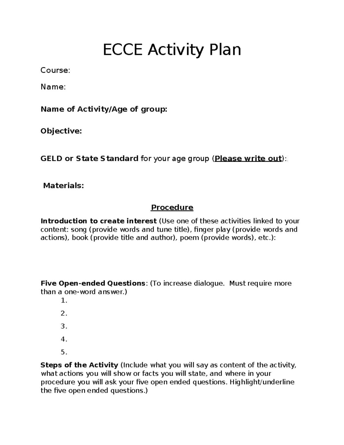 Blank activity plan template - ECCE Activity Plan Course: Name: Name of ...