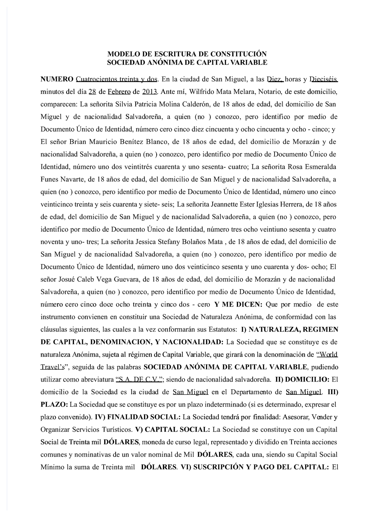 Ejemplo de escritura de constitucion en EL Salvador año 2020 - MODELO