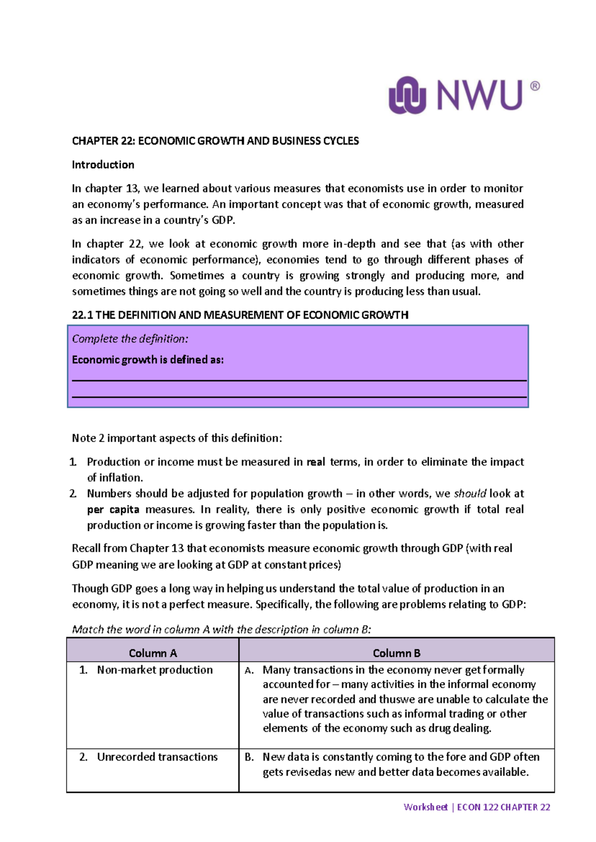 Chapter+22 Worksheet-1 - Complete the definition: Economic growth is ...