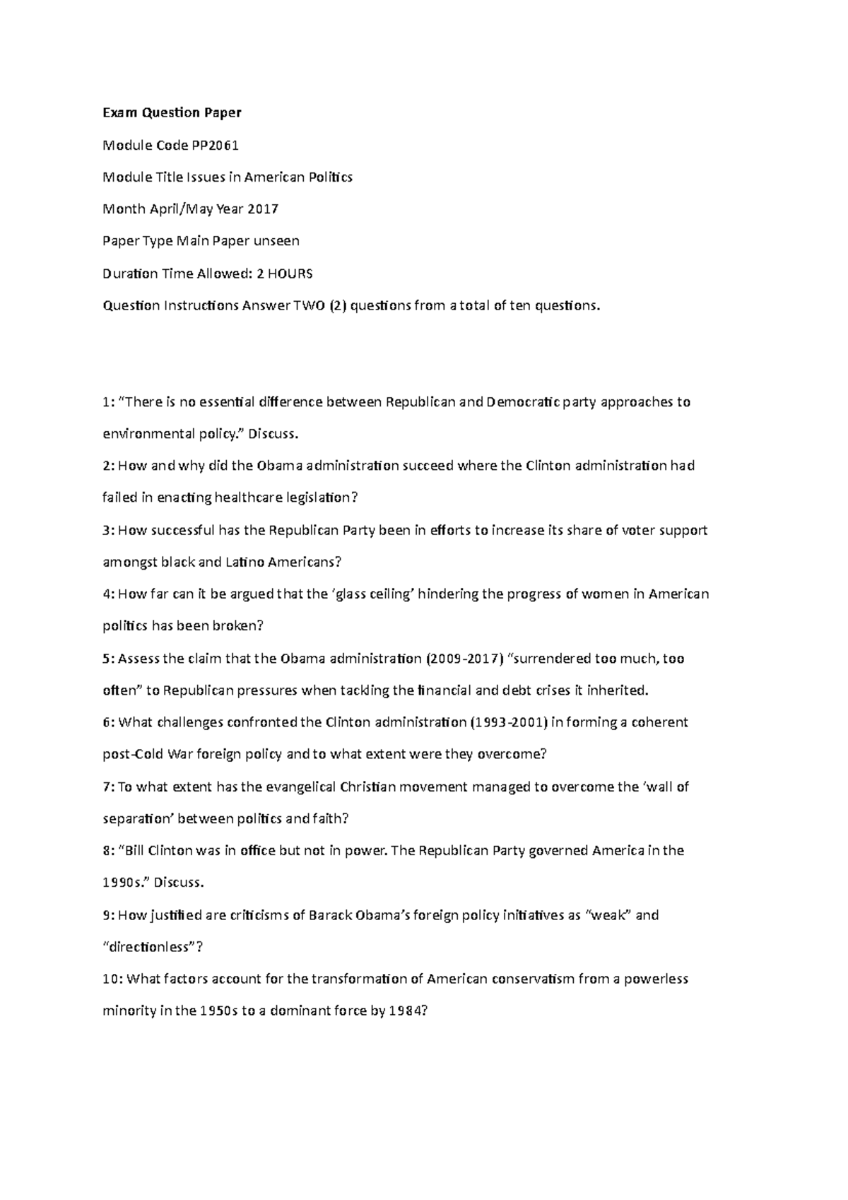 Exam 2017 Issues in American Politics - Exam Question Paper Module Code ...
