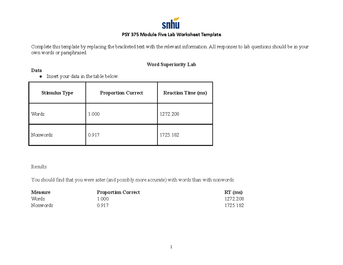 PSY 375 Module Five Lab Worksheet - All Responses To Lab Questions ...