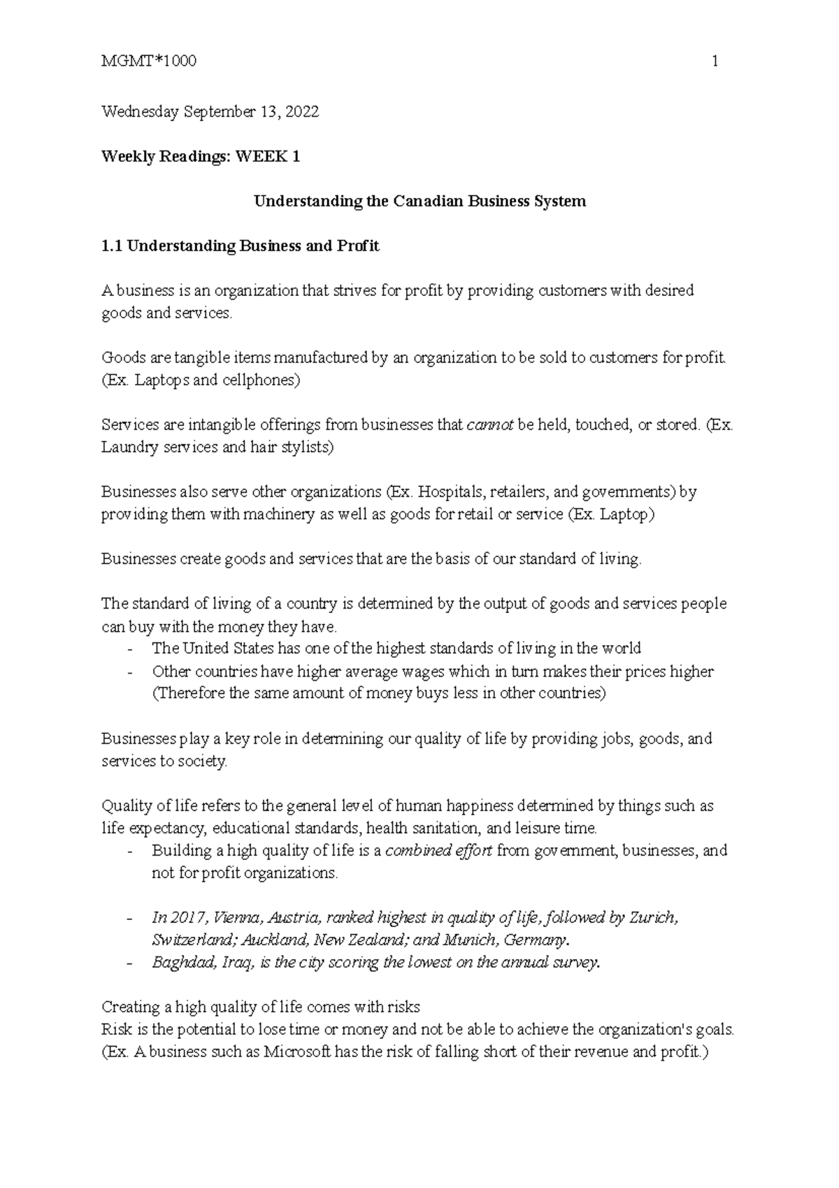 MGMT Week 1 Reading Notes - Wednesday September 13, 2022 Weekly ...