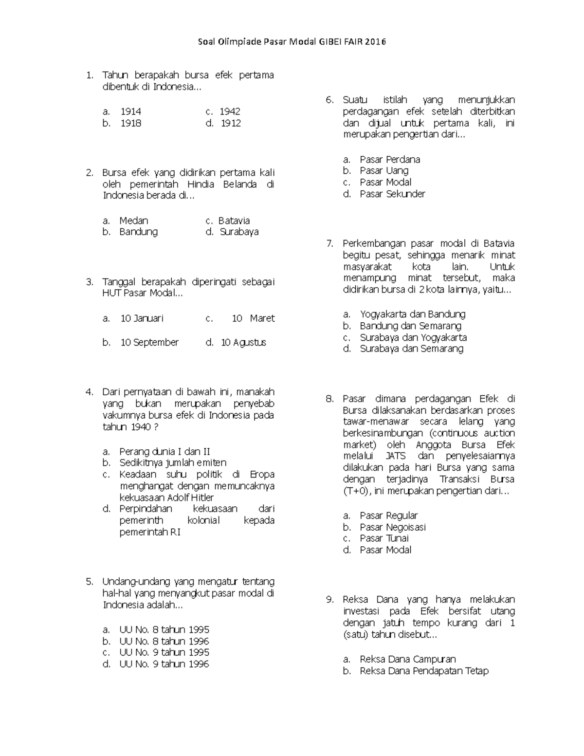 Soal Pasar Modal - Tahun Berapakah Bursa Efek Pertama Dibentuk Di ...