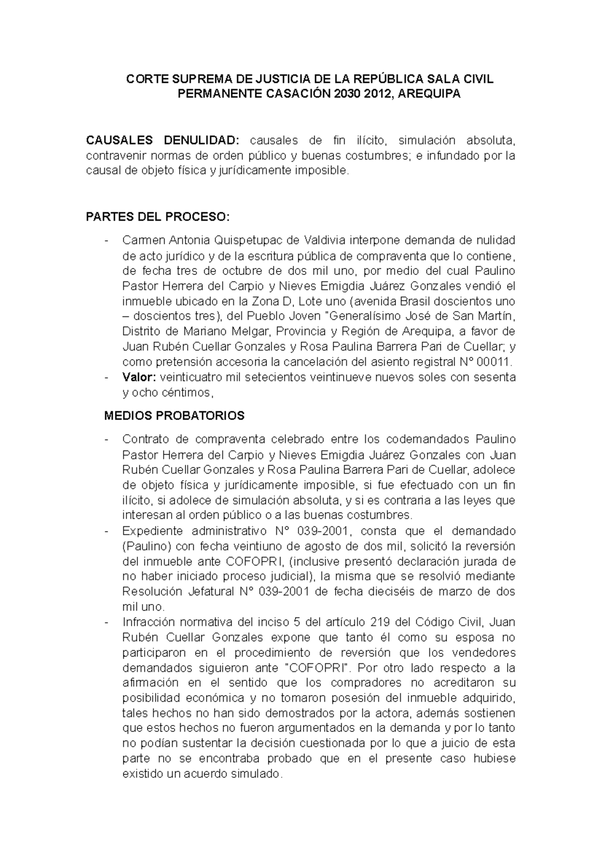 Corte Suprema DE Justicia DE LA República SALA Civil Permanente ...