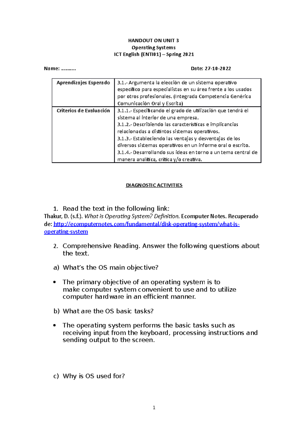 Handout ON Operating Systems - HANDOUT ON UNIT 3 Operating Systems ICT ...