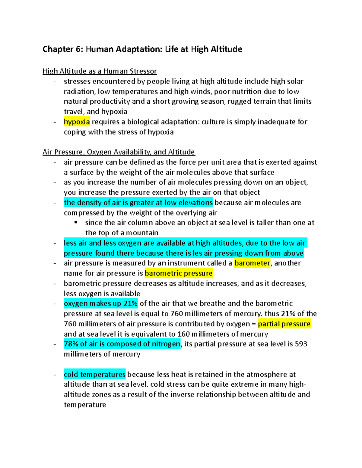 Chapter 6 - Notes - Chapter 6: Human Adaptation: Life At High Altitude ...