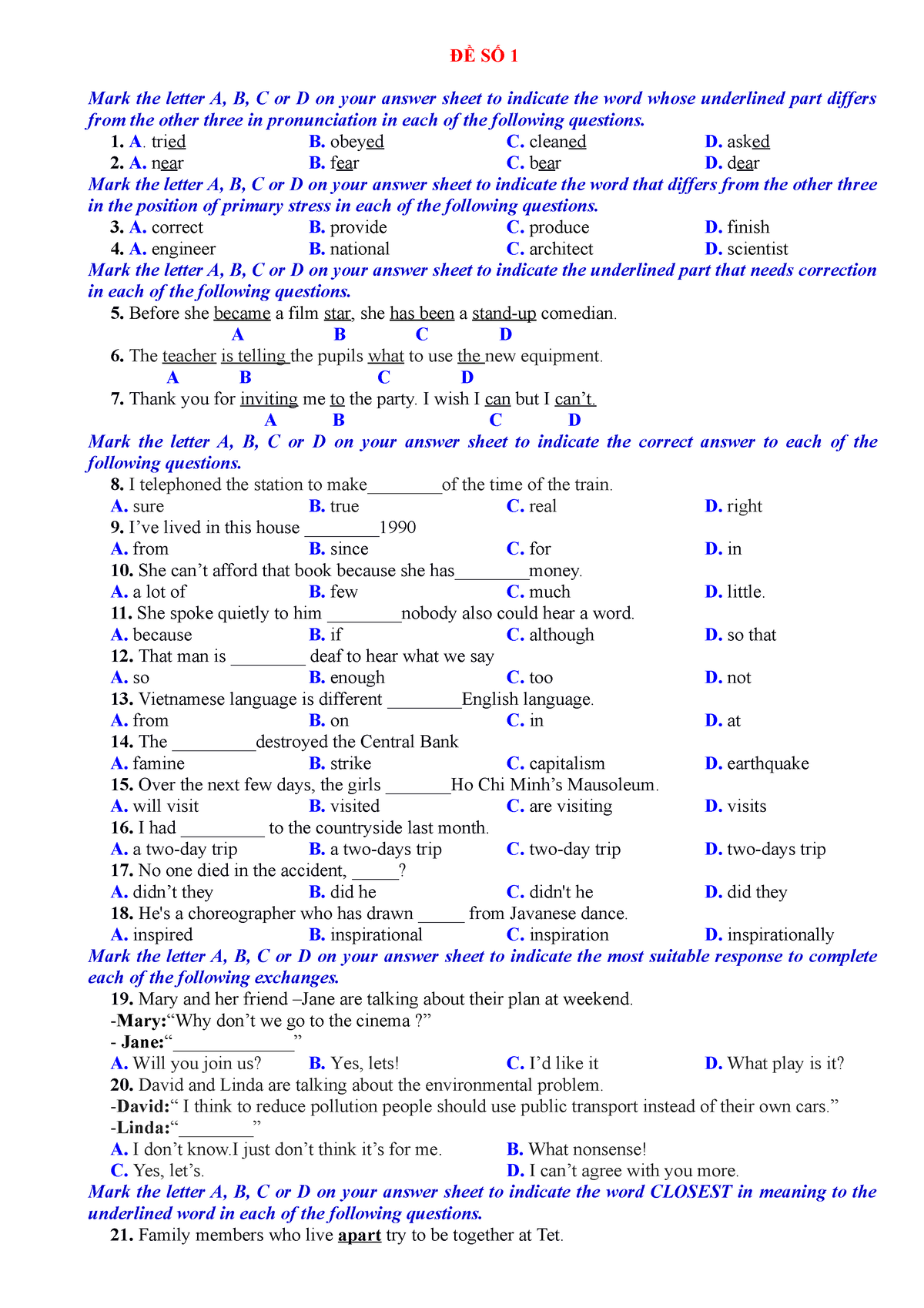 Đề Số 1 - ĐỀ SỐ 1 Mark The Letter A, B, C Or D On Your Answer Sheet To ...