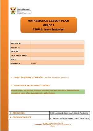 Maths Grade 4 Lesson plans - ` PROVINCE: DISTRICT: SCHOOL: TEACHER’S ...