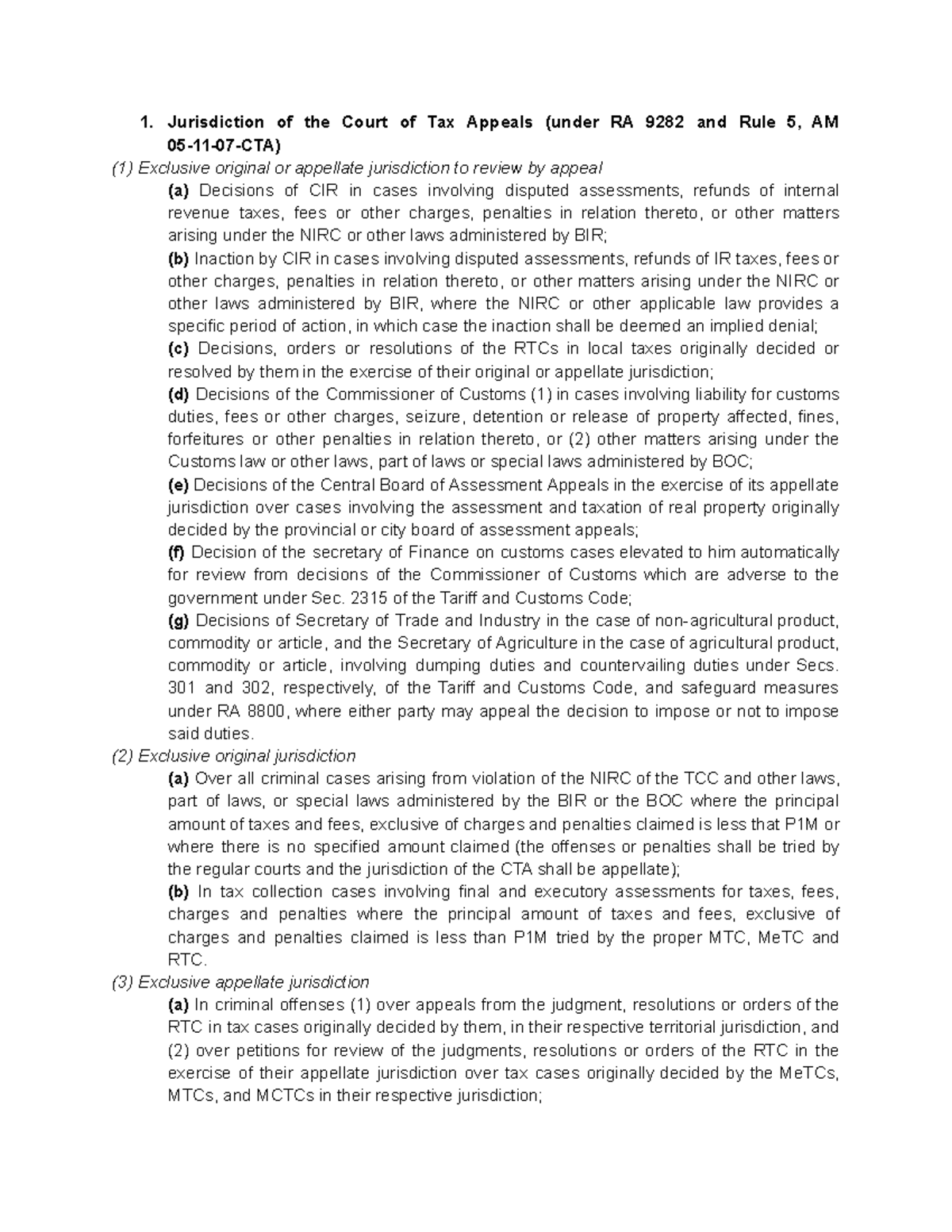 CTA Written Report - 1. Jurisdiction of the Court of Tax Appeals (under ...