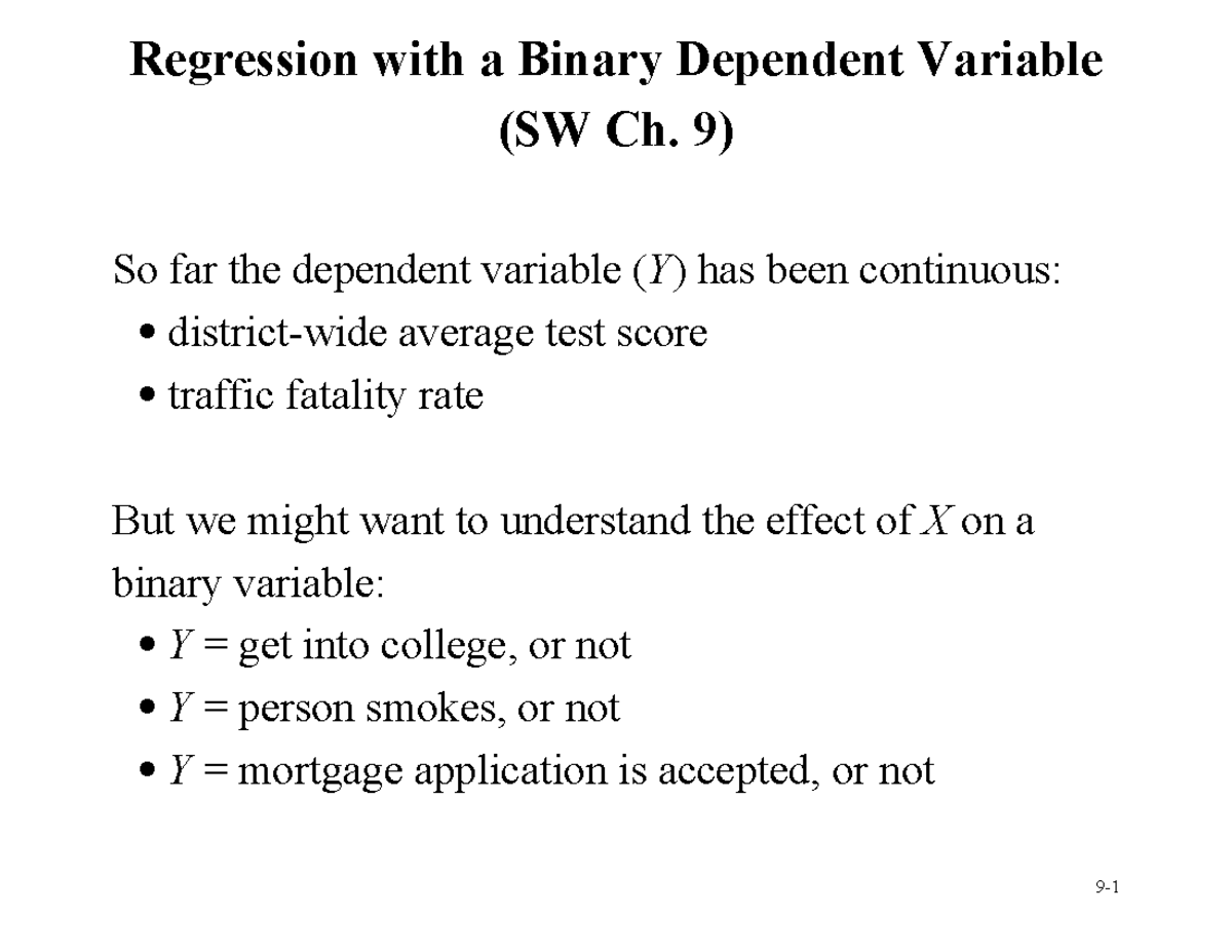 Ch 9 Slides - Regression with a Binary Dependent Variable (SW Ch. 9) So ...