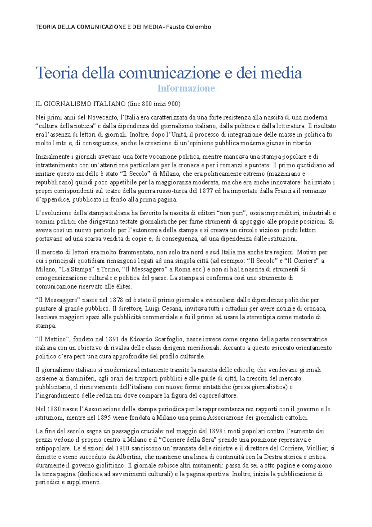 Teoria Della Comunicazione E DEI Media Teoria della comunicazione e