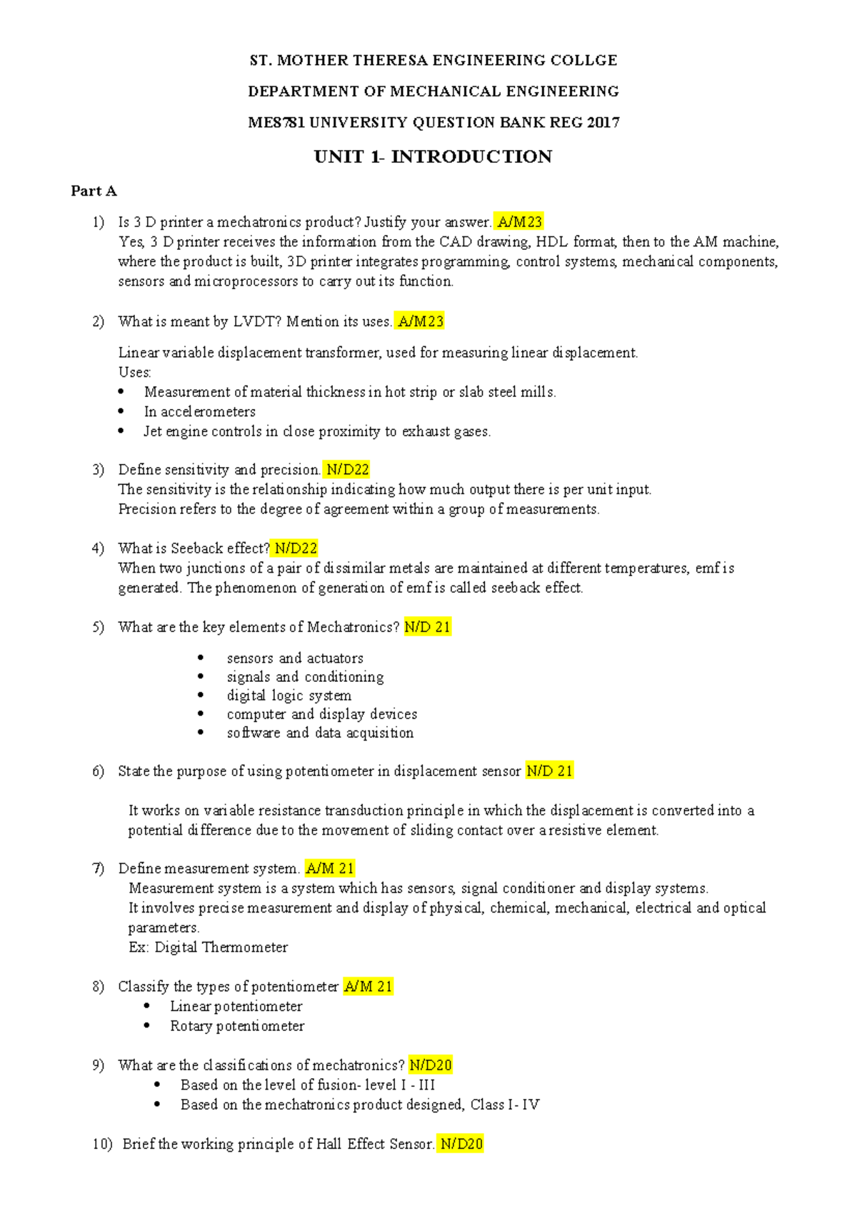 UNIT 1 PART A & B UNIV Questions WITH Answers - ST. MOTHER THERESA ...