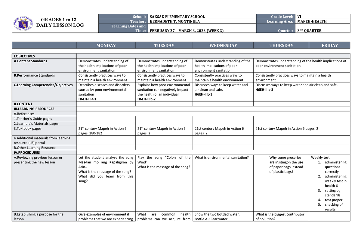 Mapeh 6 WEEK 3 Health DLL Q3 - GRADES 1 To 12 DAILY LESSON LOG School ...