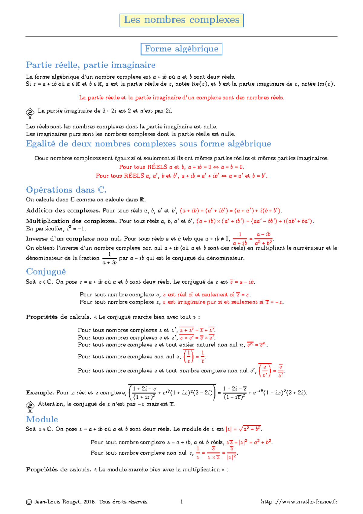 Resume-12-complexes - Cours - Les nombres complexes Forme algébrique ...