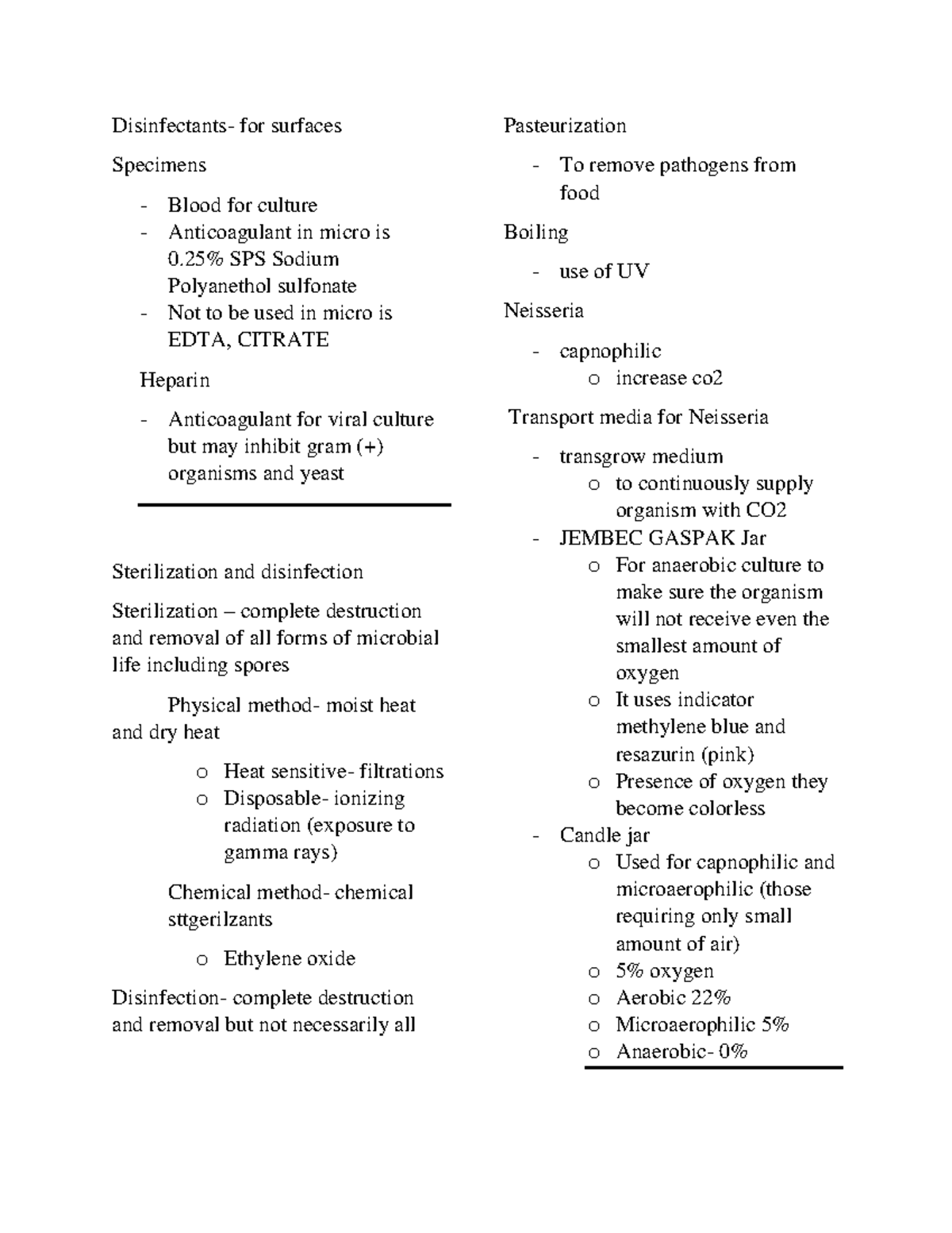Bacteriology Review Notes 8 Disinfectants for surfaces Specimens