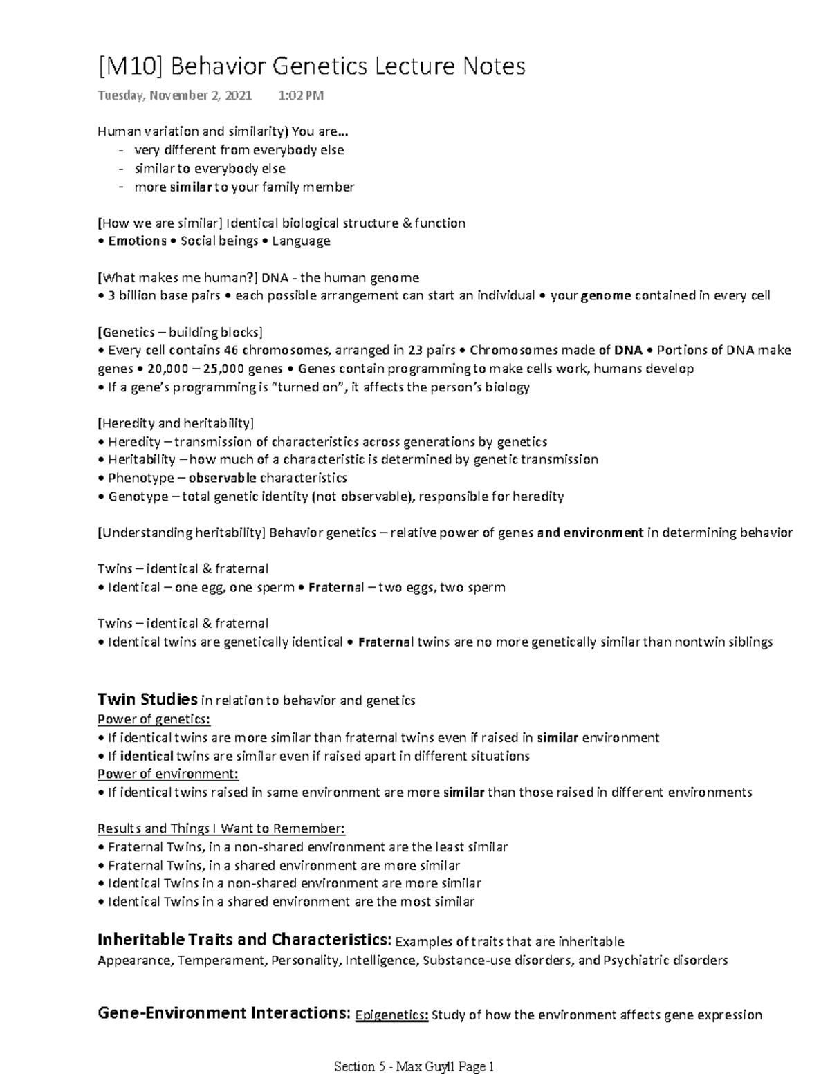 11-02-21 Behavioral Genetics Notes (M10) - Human variation and