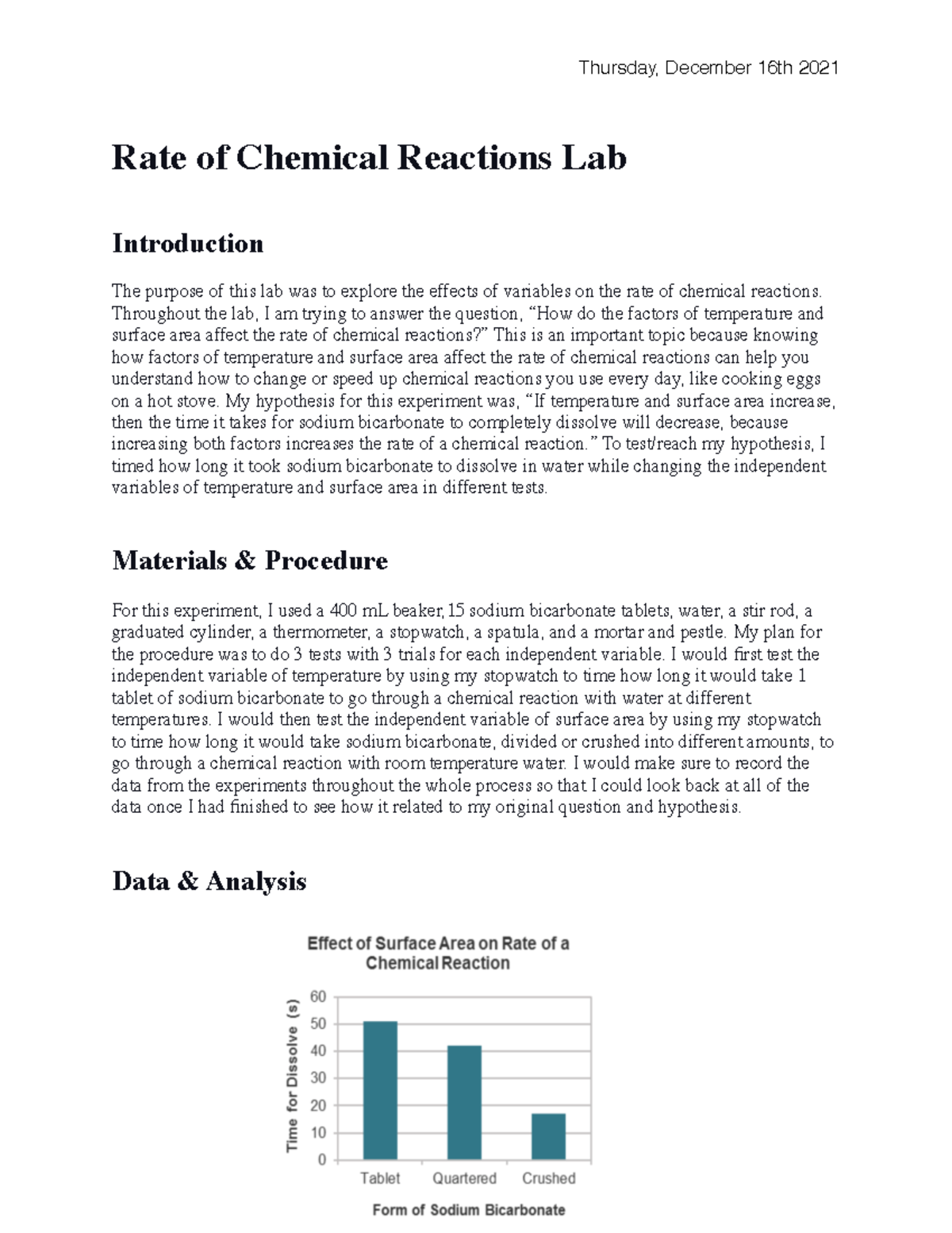 lab rate of chemical reactions assignment lab report