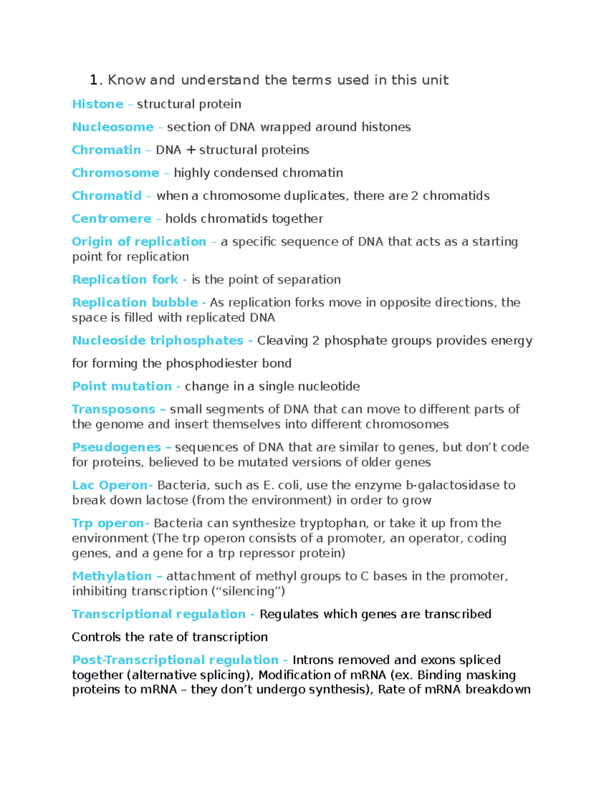 Unit 4 Biology test review 1 and understand the terms used in this