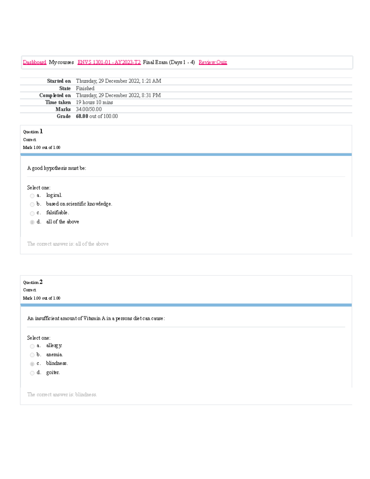 ENVS 1301 Review Quiz Attempt Review - Started On Thursday, 29 December ...