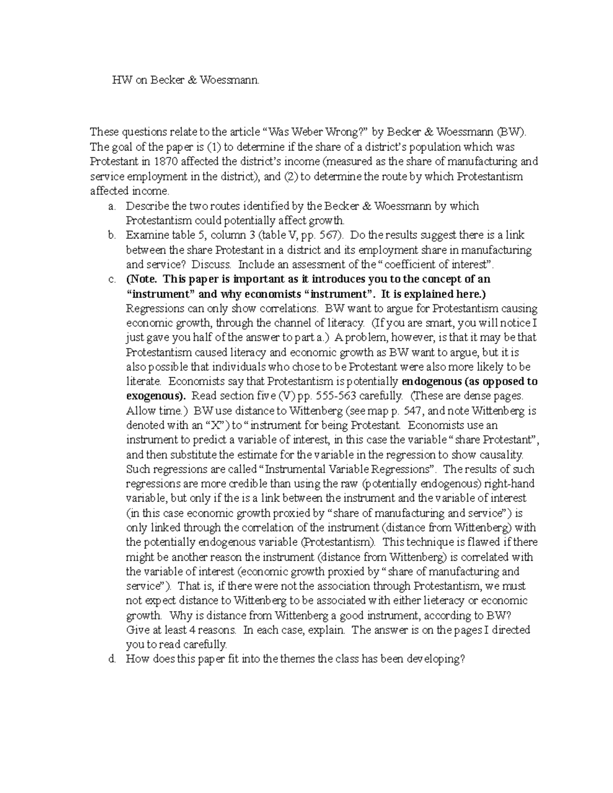 Hw Becker Woessmann - HW on Protestantism - HW on Becker & Woessmann ...