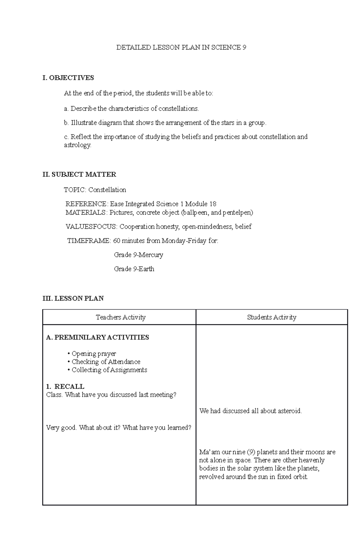 Lesson Plan In Constellation - DETAILED LESSON PLAN IN SCIENCE 9 I ...