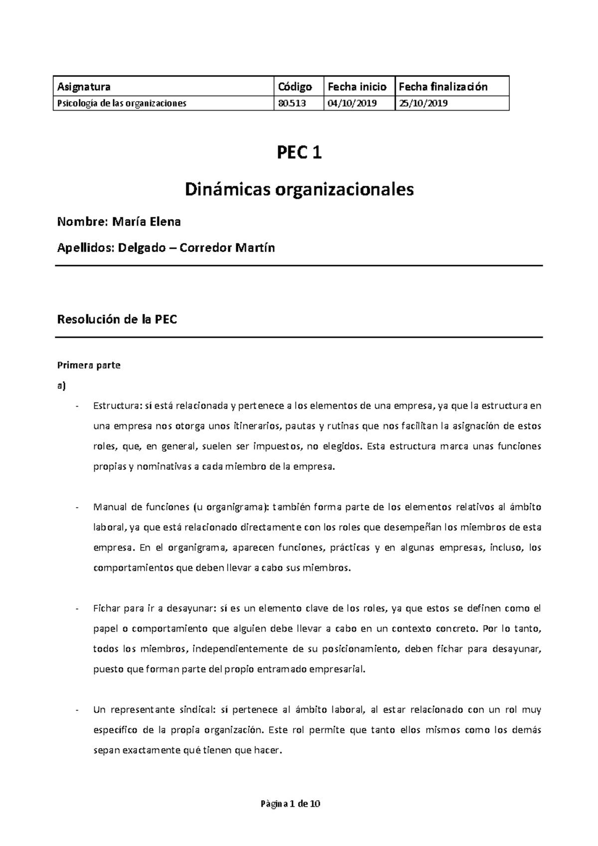 PEC 1PEC Nota A y MATRICULA DE HONOR - Psicología de las organizaciones ...