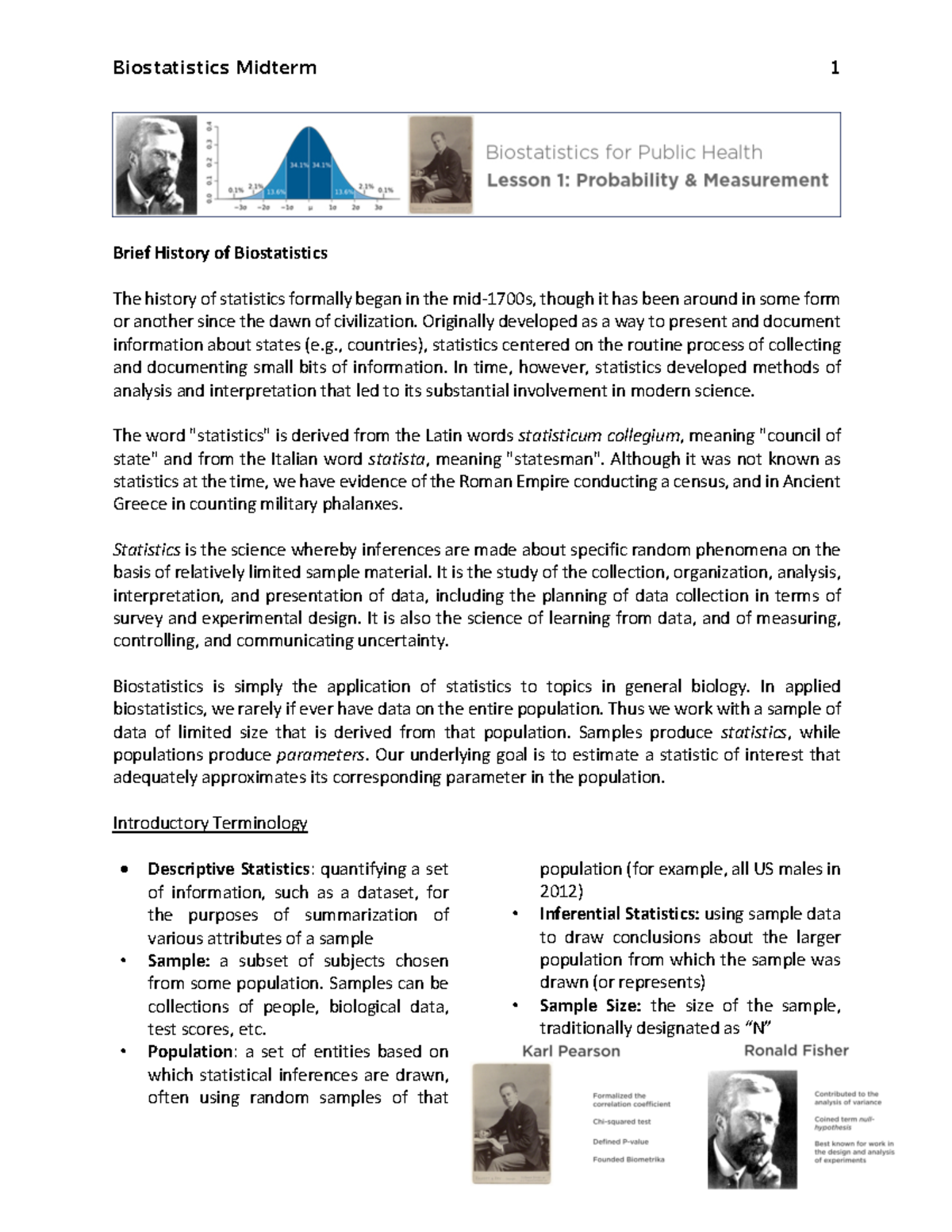 Biostatistics Midterm Study Guide - Brief History Of Biostatistics The ...