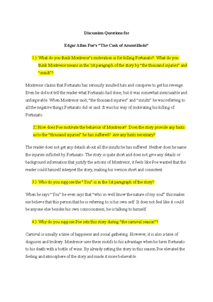 Poe Amontillado Discussion Questions For Edgar Allan Poe S Quot The Cask Of Amontillado Quot Studocu
