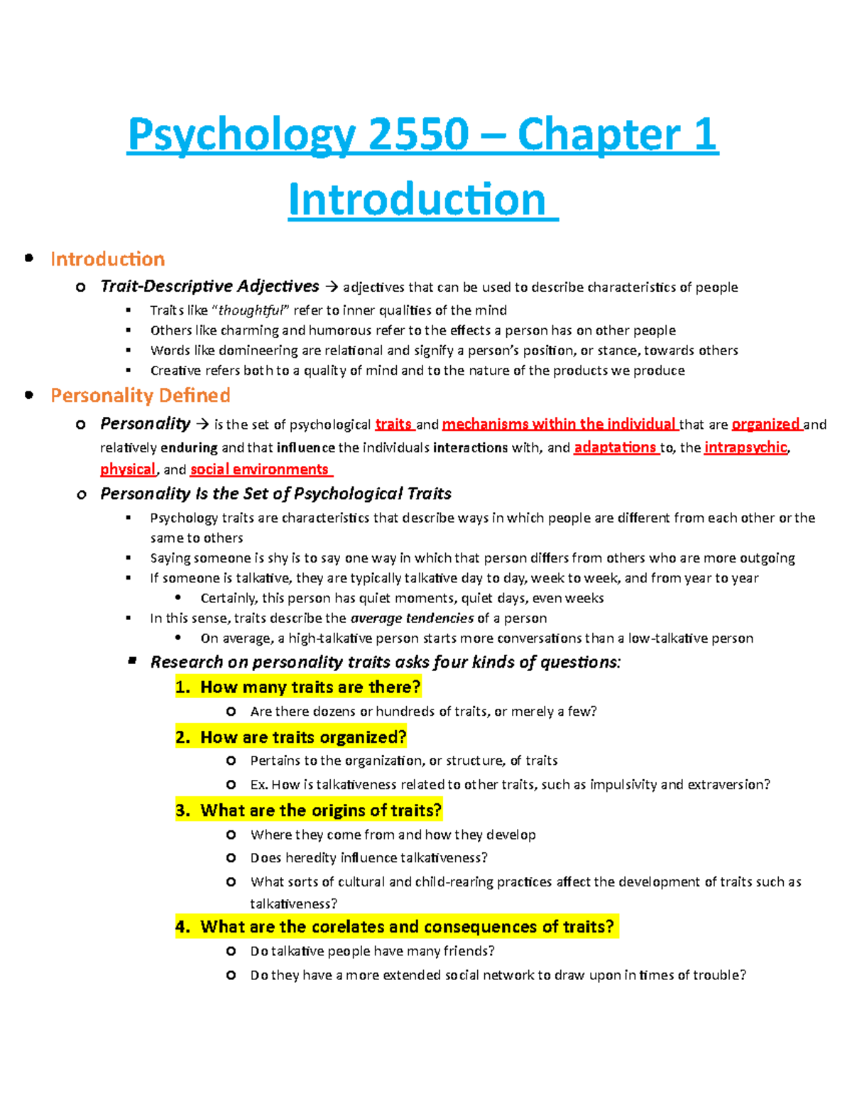 Chapter 1 - Introduction - Psychology 2550 – Chapter 1 Introduction ...