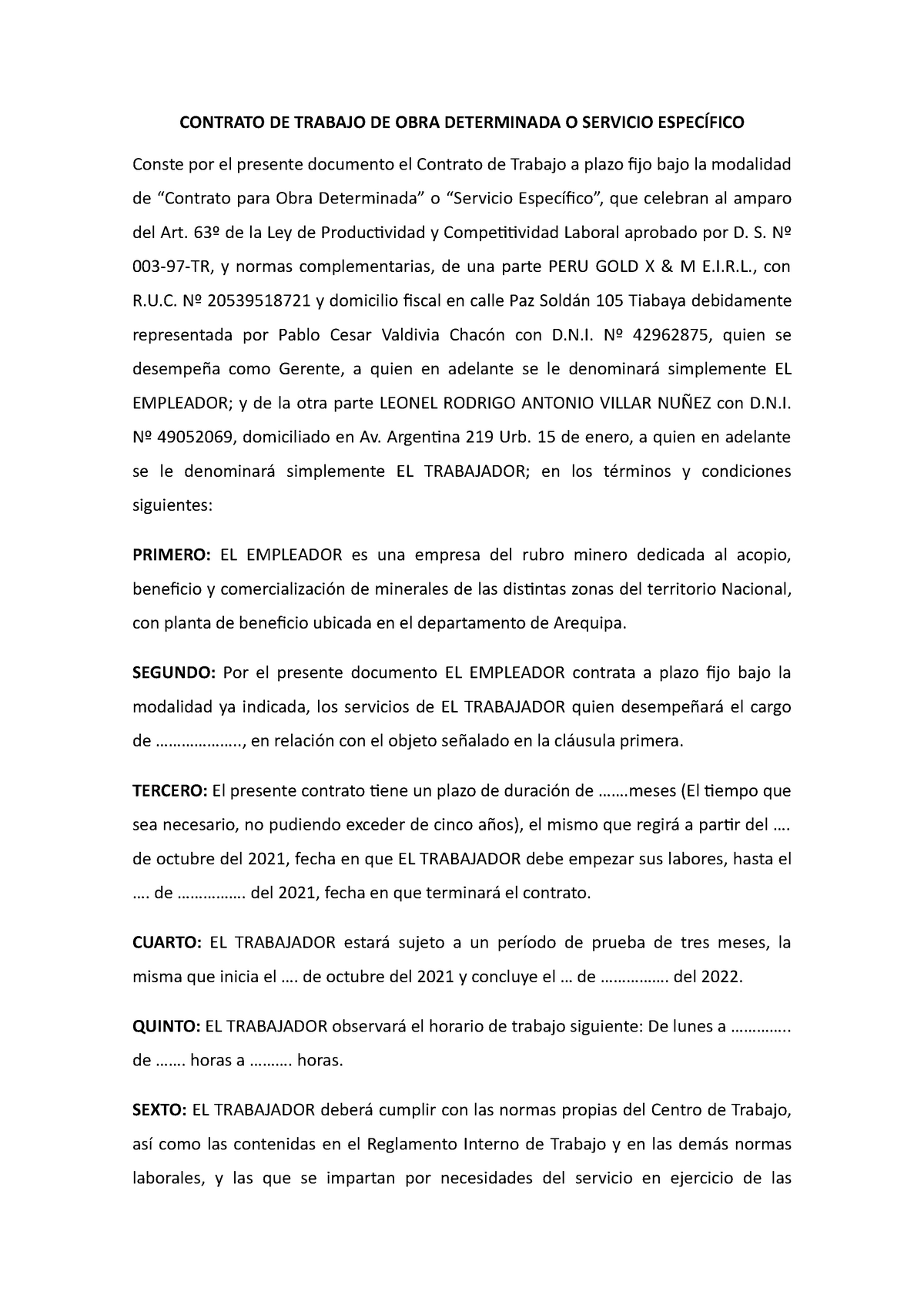 Contrato De Trabajo De Obra Determinada O Servicio Específico Peru Gold Derecho De Los 1496