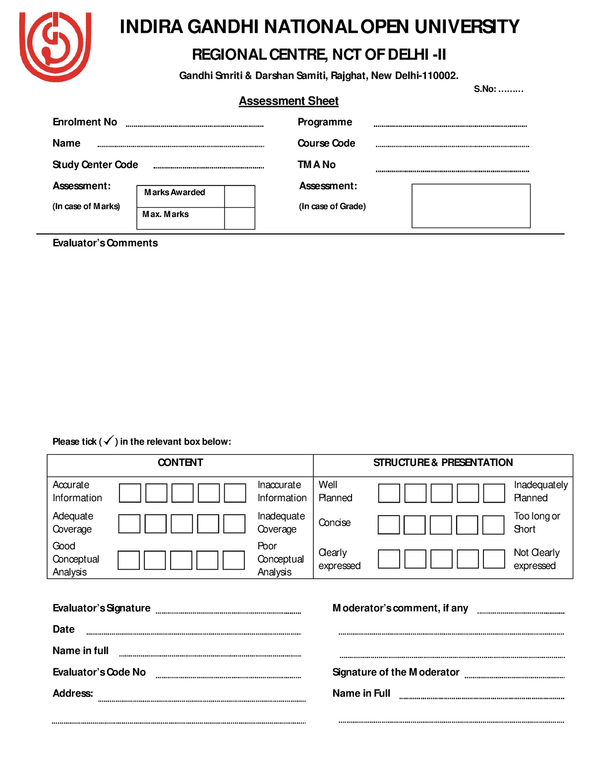 ignou assignment evaluation sheet pdf 2023