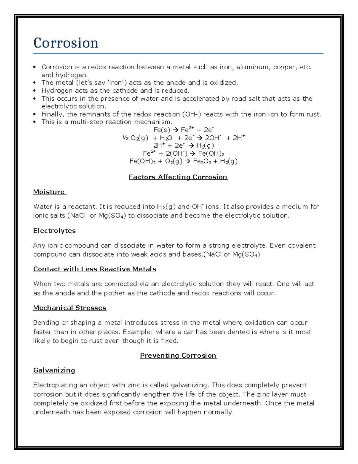 6 Corrosion - chem notes - Corrosion Corrosion is a redox reaction ...