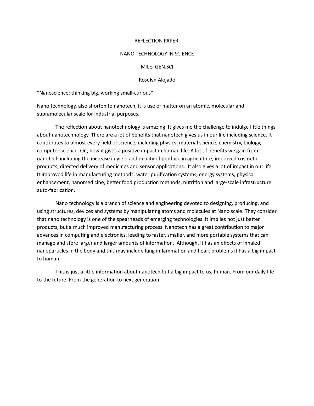 nanotechnology reflection essay