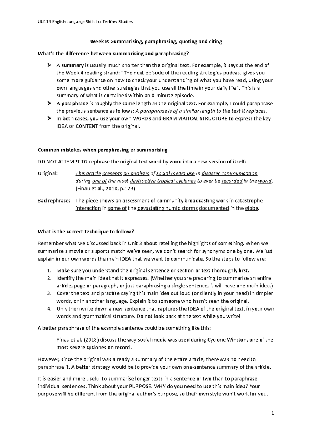 Week 9 class 1 handout - uu114 - Week 9: Summarising, paraphrasing ...