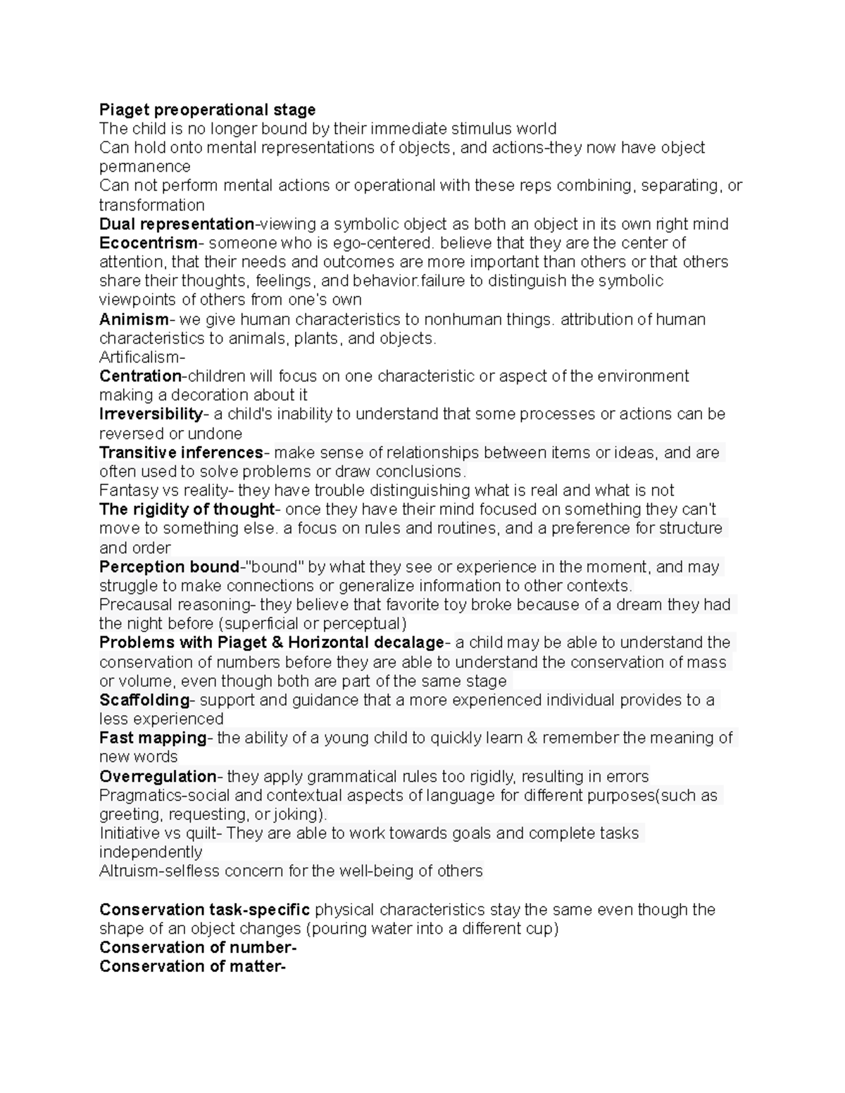 Dev psych- Exam 3 study guide - Piaget preoperational stage The child ...
