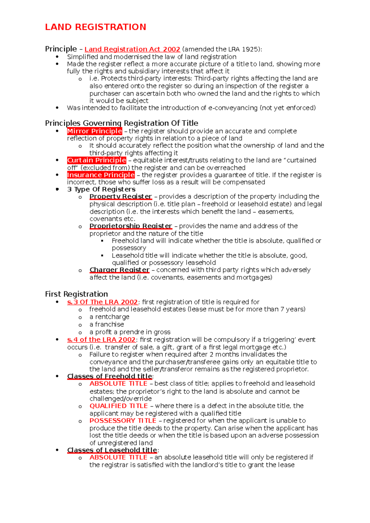 LAND Registration Lecture notes 2 Principle Land Registration Act