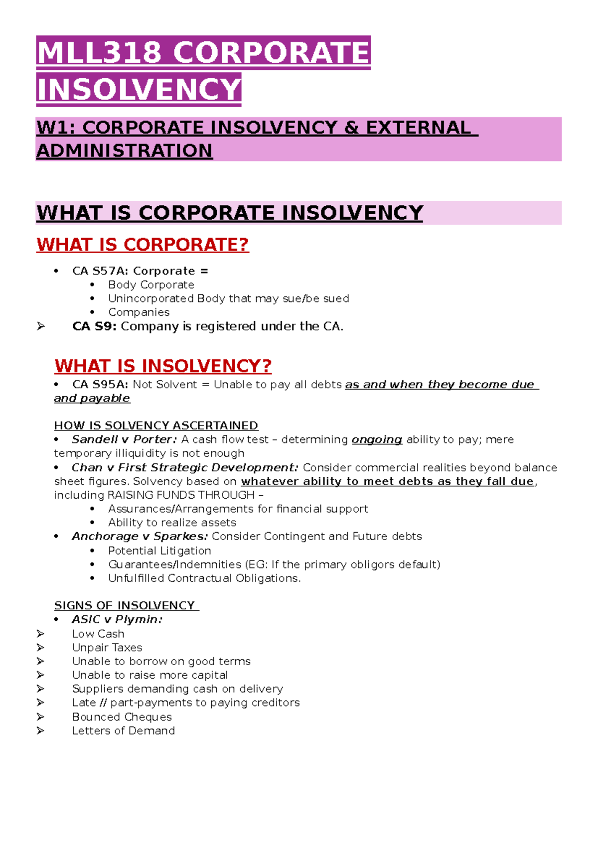 MLL318 Corporate Insolvency - MLL318 CORPORATE INSOLVENCY W1: CORPORATE ...