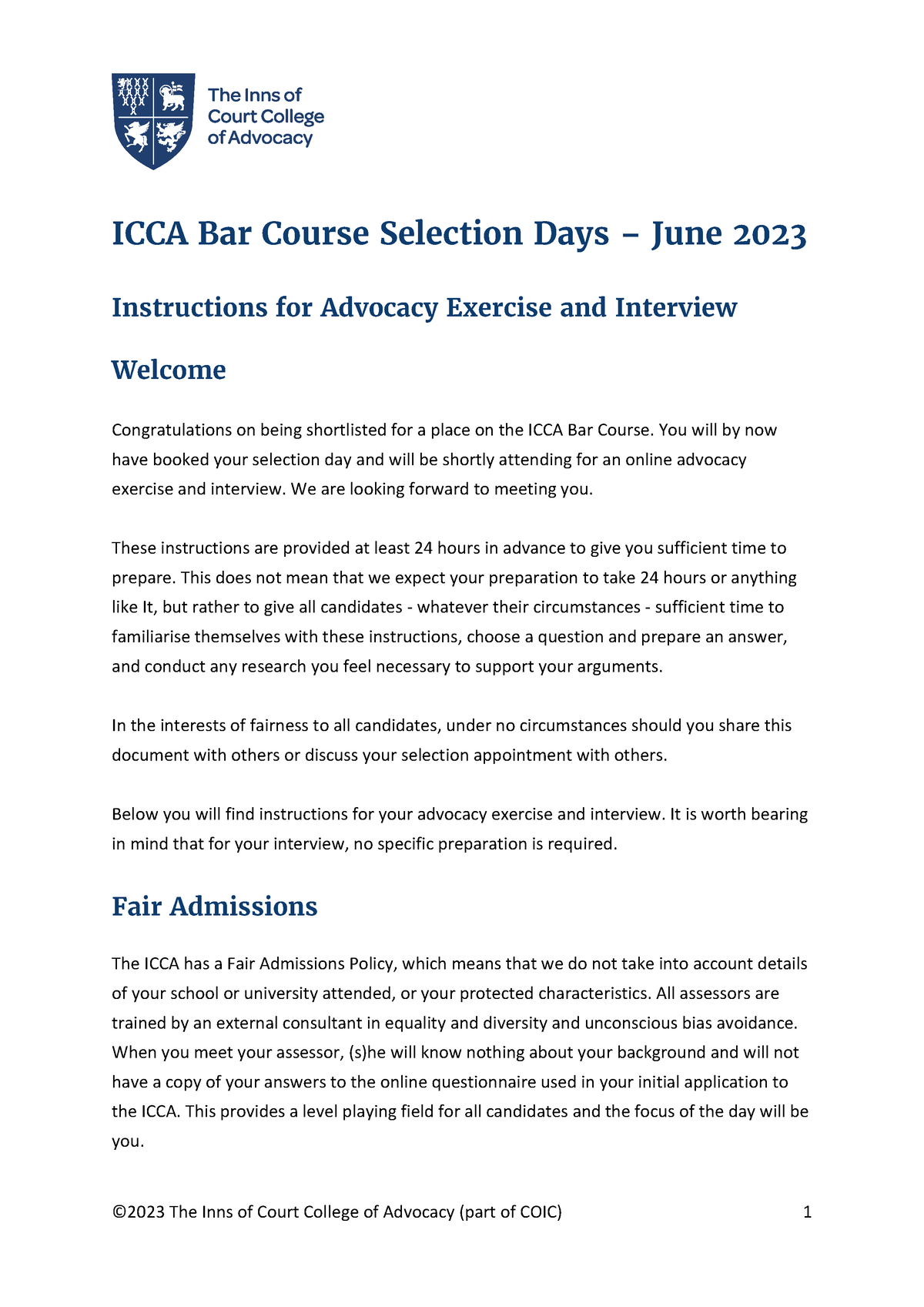 Candidate Instructions For Advocacy Exercise And Interview ICCA Bar ...