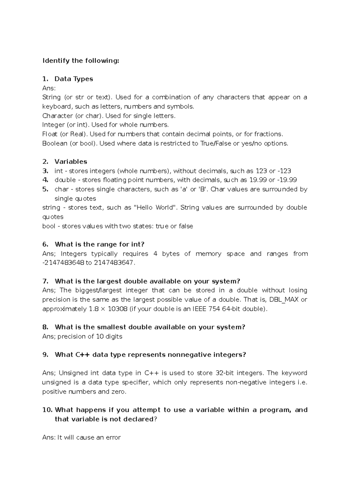 QUIZ - quiz - Identify the following: Data Types Ans: String (or str or ...